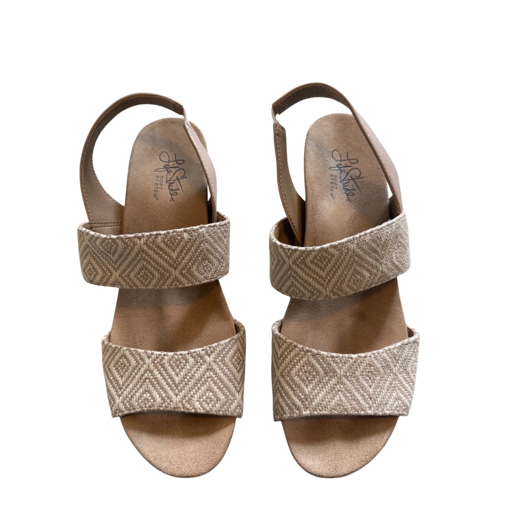 LifeStride Beige Herringbone Cork Wedge Sandals 9M - Pre-Loved Ready for Summer